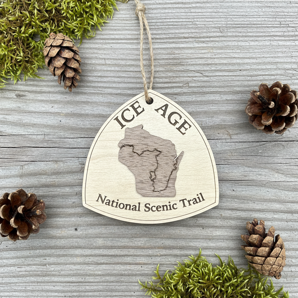 Wooden ornament with Ice Age National Scenic Trail design on a wooden surface with pine cones and moss.