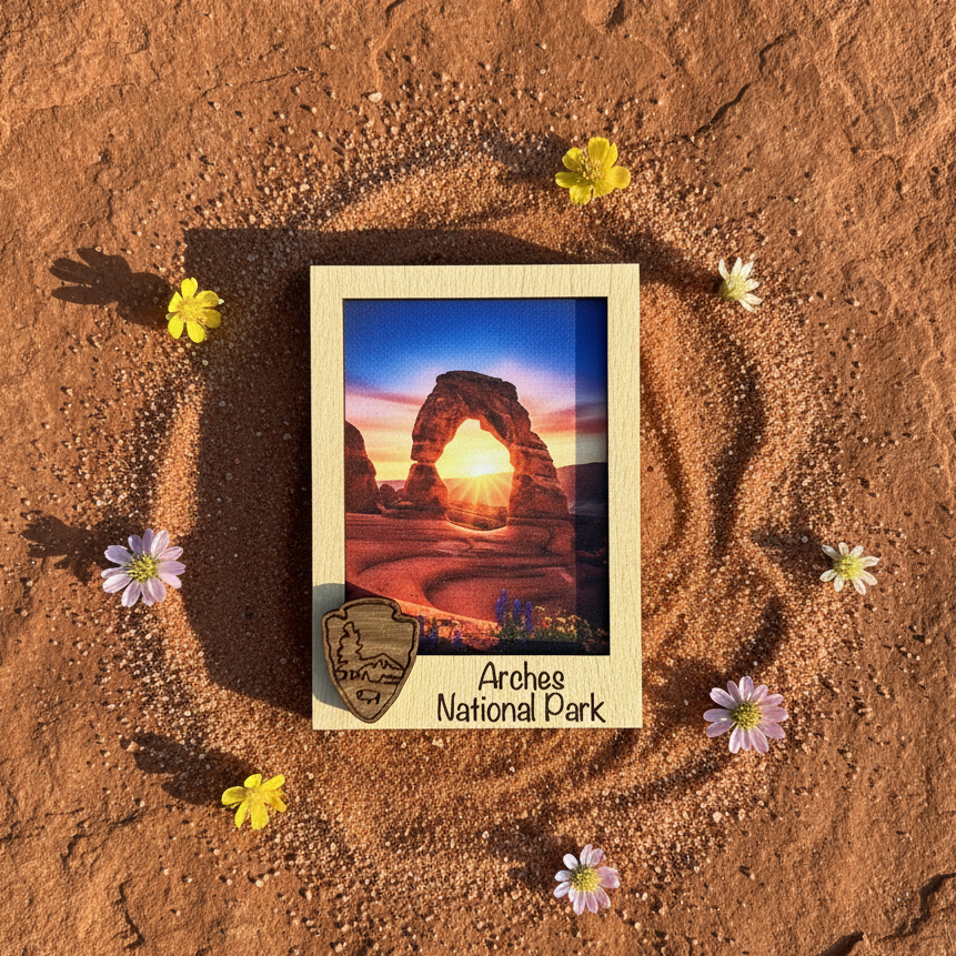 A rectangular magnet featuring a desert landscape with a sunlit arch and the text 'Arches National Park,' placed on sandy ground with small flowers around it. A park-style badge graphic appears at the lower left.