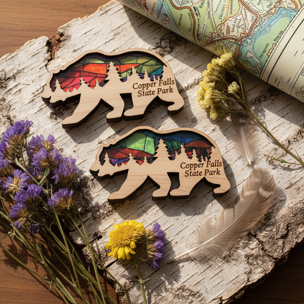 Wooden bear-shaped magnets with 'Copper Falls State Park' text on a wooden surface with flowers and a map.