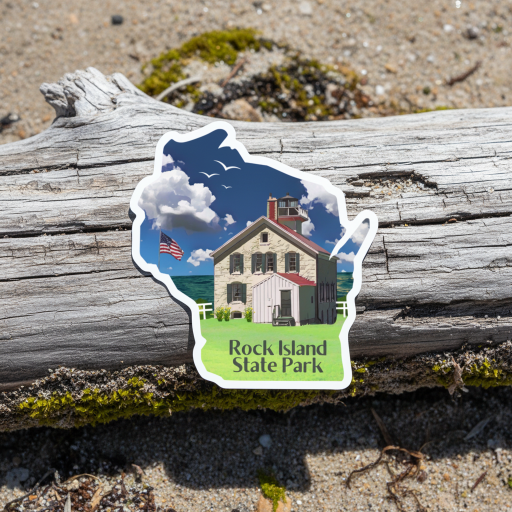 Sticker of Rock Island State Park on a piece of driftwood with sand and pebbles in the background.
