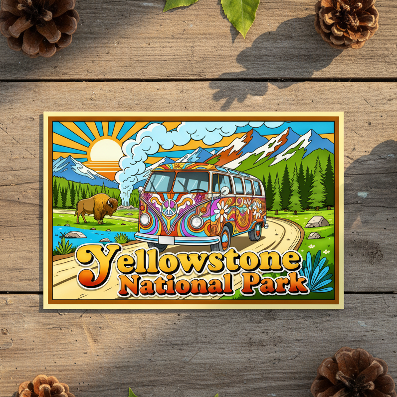 A colorful Yellowstone National Park sticker featuring a retro van, mountains, and the park name, styled on a rustic wooden surface with pinecones and green leaves.