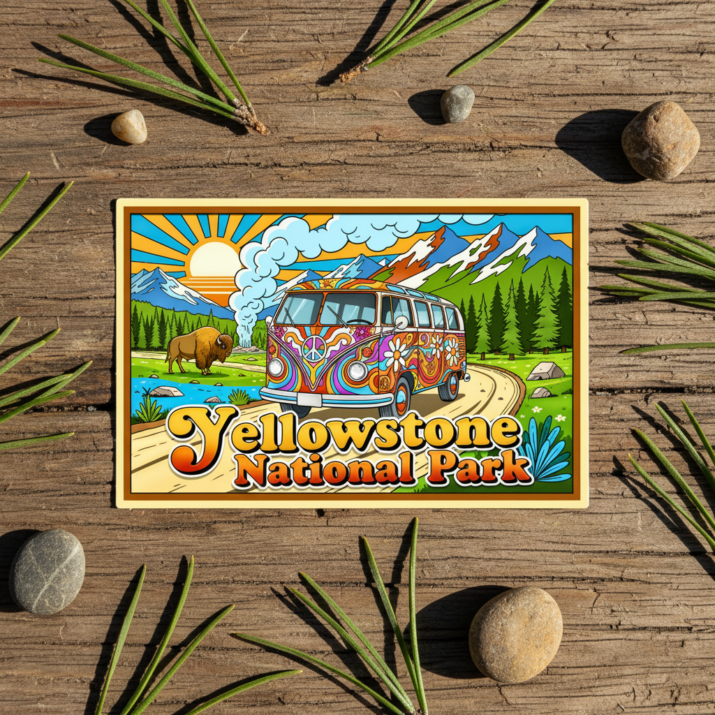 A rectangular sticker featuring a colorful illustrated Yellowstone National Park scene with a psychedelic van, mountains, trees, and the text 'Yellowstone National Park,' placed on a rustic wooden surface with pine needles and stones around it.