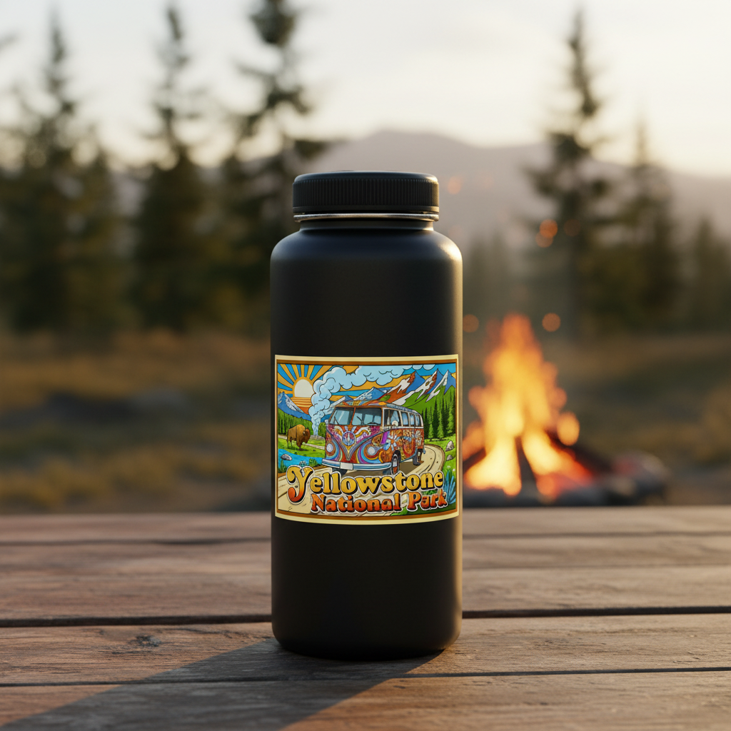 A matte black insulated bottle with a colorful 'Yellowstone National Park' illustrated sticker, standing on a wooden deck with a blurred campfire and mountains in the background.