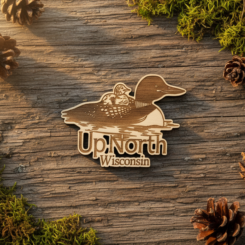 Wooden 'Up North Wisconsin' magnet with loon design on a wooden surface with pinecones and moss.