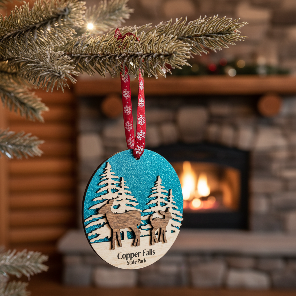 ornament with deer design hanging from a Christmas tree with a fireplace in the background.