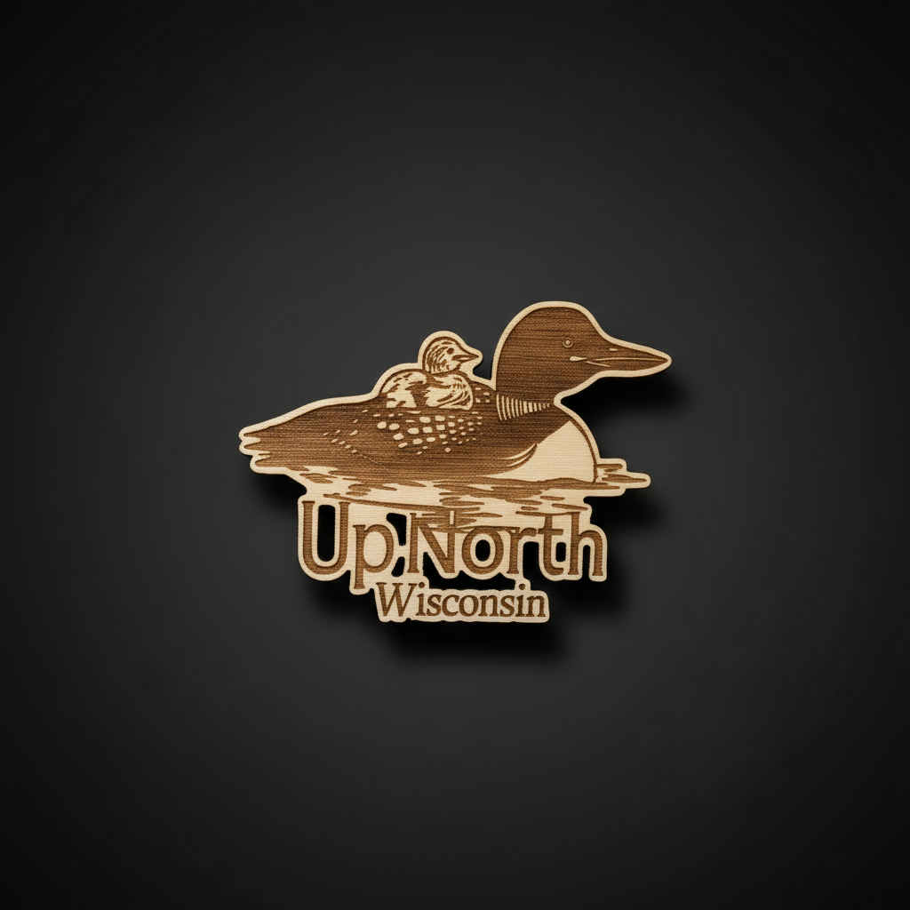 Wooden loon-shaped sign with 'Up North Wisconsin' text on a dark background
