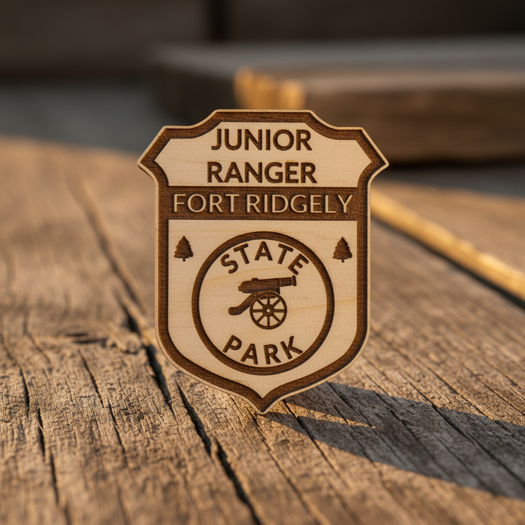Wooden badge with 'Junior Ranger Fort Ridgely State Park' text on a wooden surface