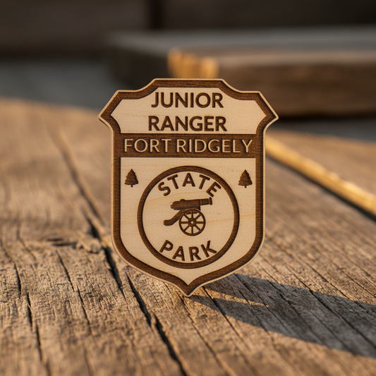 Wooden badge with 'Junior Ranger Fort Ridgely State Park' text on a wooden surface