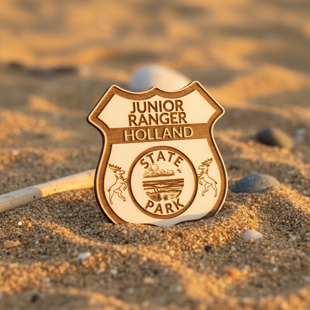 Wooden badge with 'Junior Ranger Holland State Park' text on a sandy background