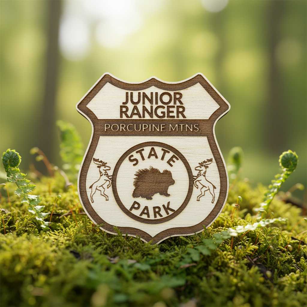 Junior Ranger badge from Porcupine Mountains State Park on a mossy background