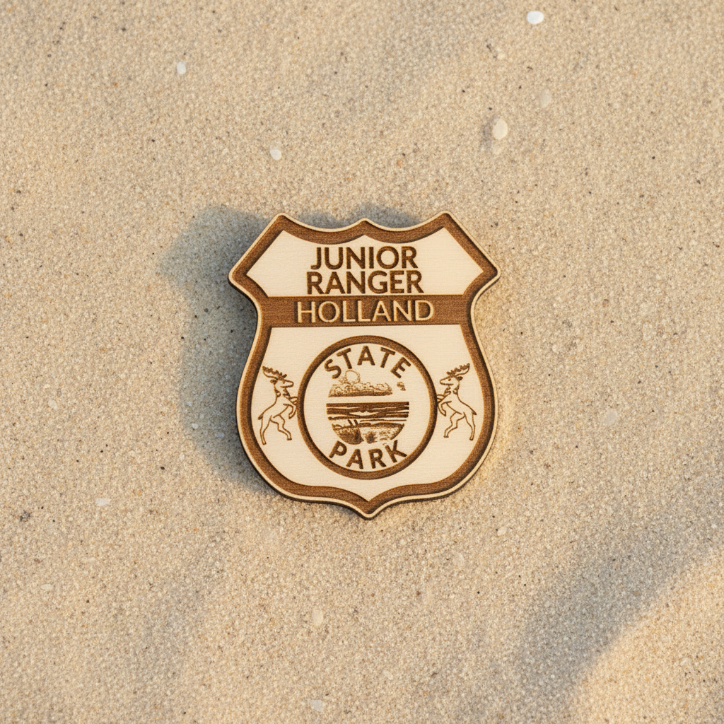 Junior Ranger badge from Holland Park on a sandy background