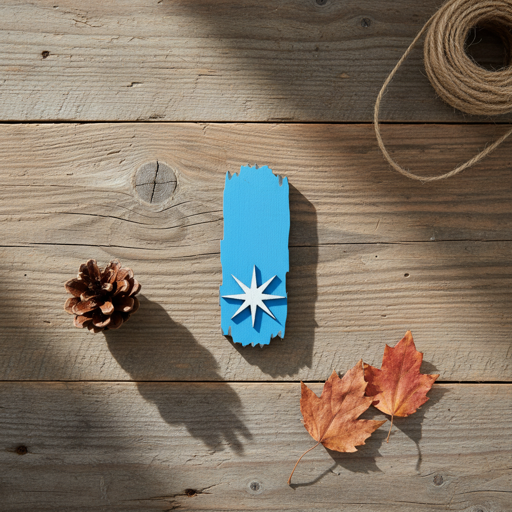 Blue North country Trail blaze magnet with a white star, laying on a wood surface with pine cones and leaves