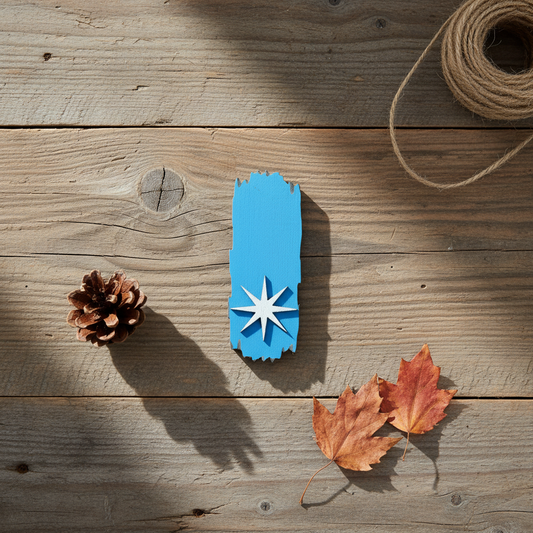 Blue North country Trail blaze magnet with a white star, laying on a wood surface with pine cones and leaves