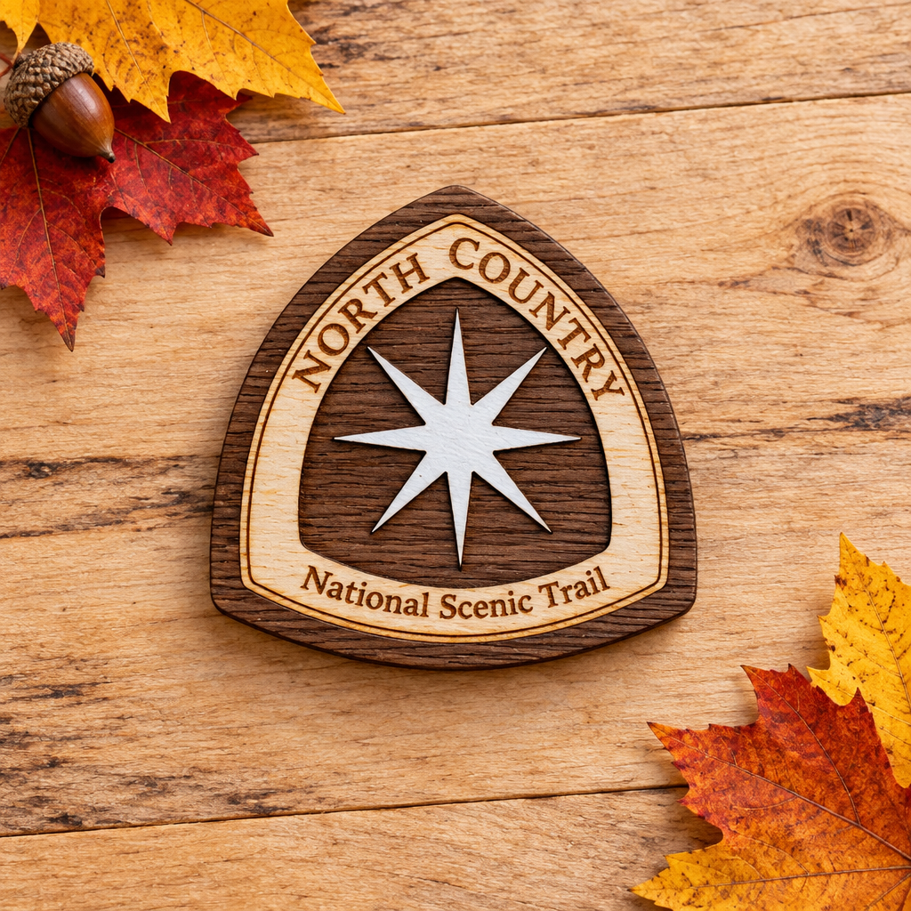 Magnet on rustic maple woodgrain with colorful fall leaves and an acorn