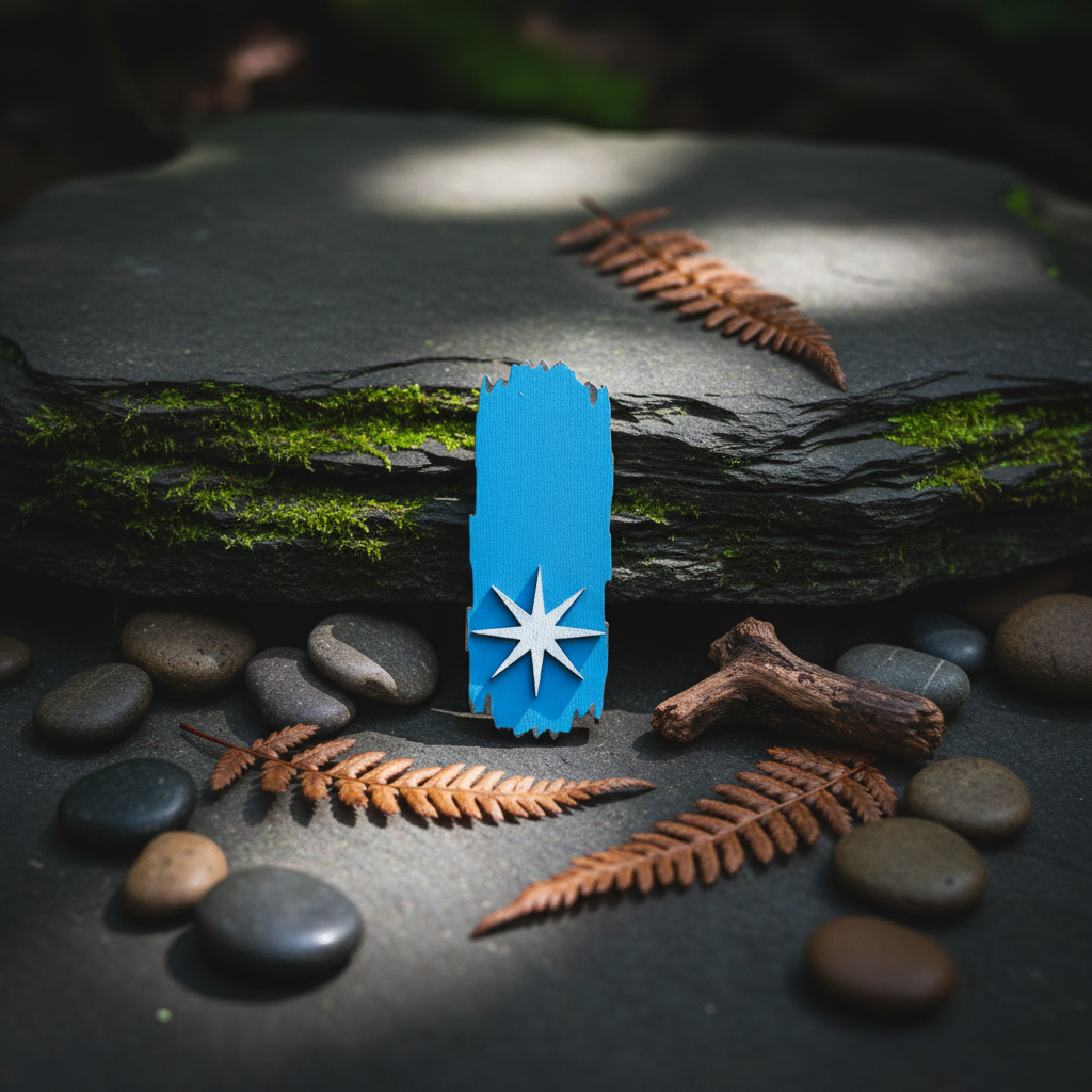 Blue North country Trail blaze magnet with a white star emblem set against a rock and natural background