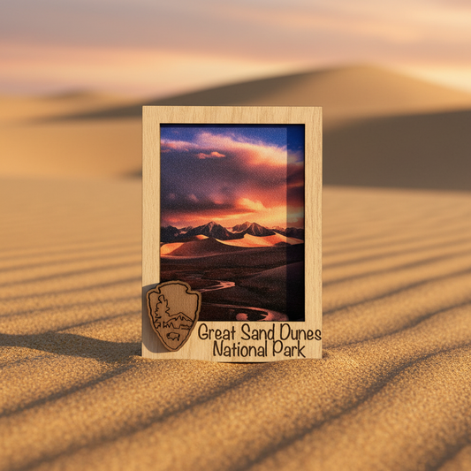 A small wooden magnet standing on sand dunes, featuring a scenic landscape print of mountains and a sunset, with the engraved text 'Great Sand Dunes National Park' and a shield-shaped logo