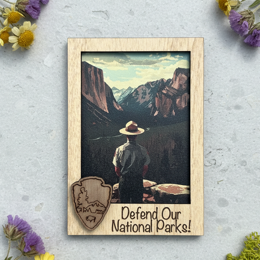 A framed art print magnet with a scenic mountain landscape with a park ranger and the text 'Defend Our National Parks!' is displayed on a textured light gray surface with small yellow and purple flowers arranged around it. The frame is light wood, and a park-style emblem is visible in the lower left corner of the print.