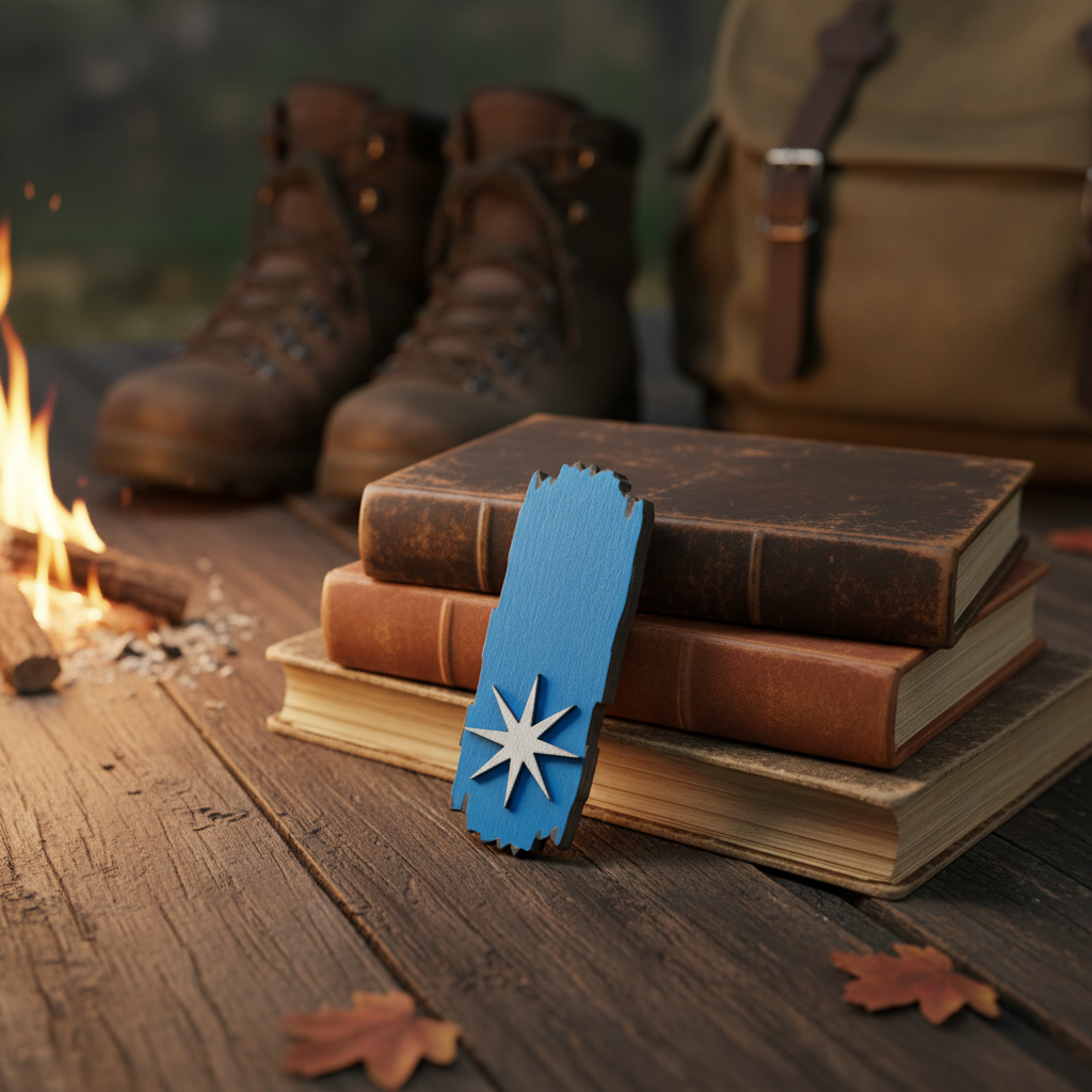 A blue North country Trail, blaze magnet with a white star emblem leaned against a stack of books on a wooden table with rustic elements and a small campfire