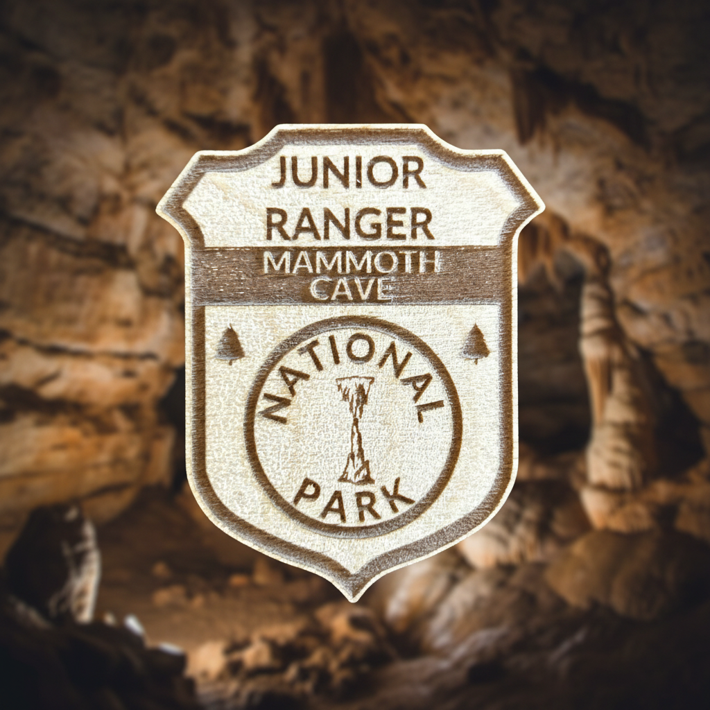Junior Ranger badge from Mammoth Cave National Park against a cave background