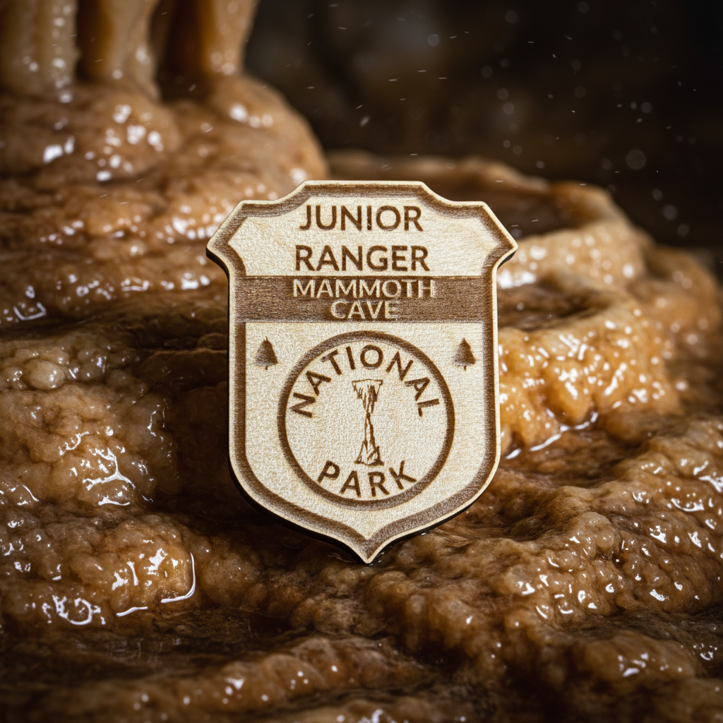 A small shield-shaped enamel pin reading 'Junior Ranger Mammoth Cave National Park' is shown against a close-up cave wall with dripping stalactites.