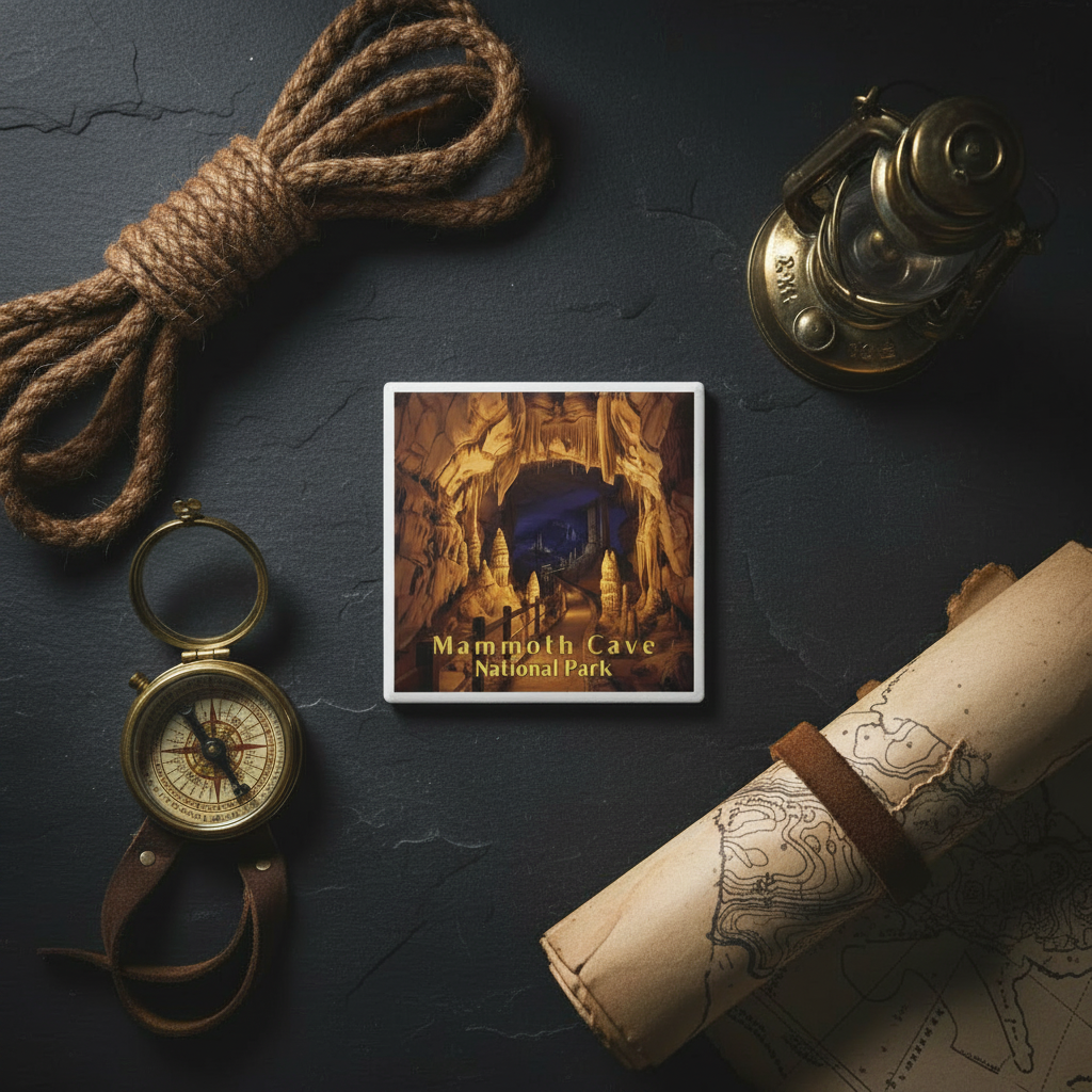 Vintage compass, rope, lantern, and map on a dark surface with Mammoth Cave National Park coaster.