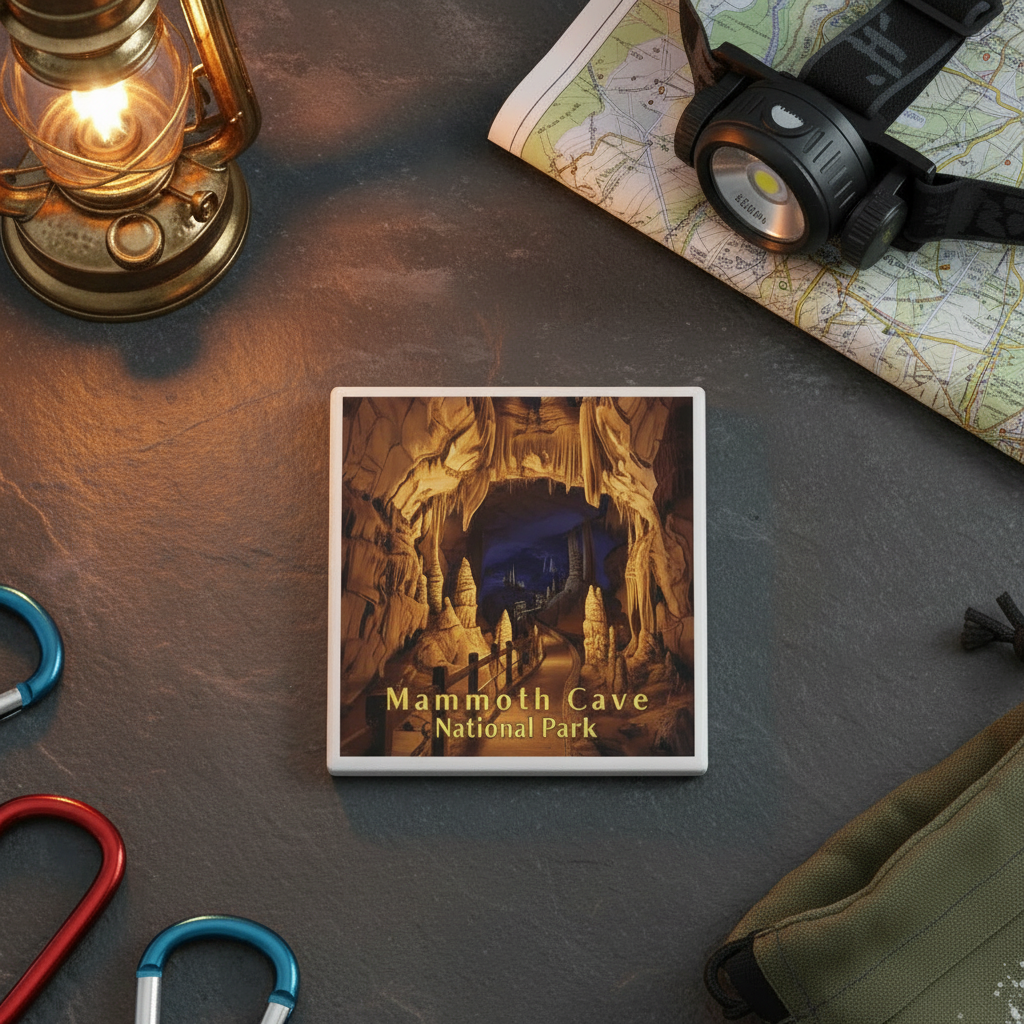 Ceramic Coaster of Mammoth Cave National Park on a table with camping gear.