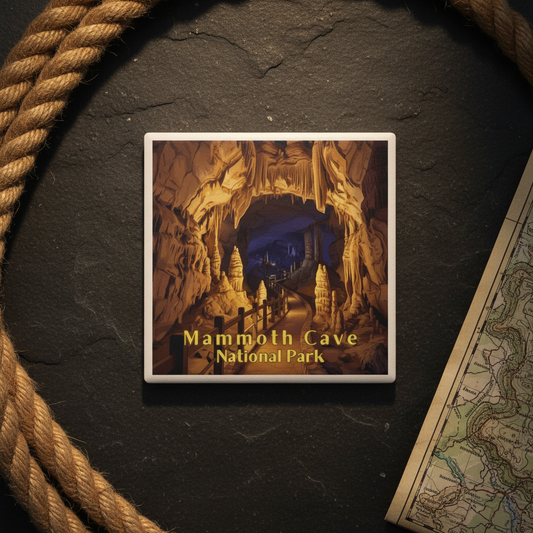 Mammoth Cave National Park coaster on a dark surface with rope and map.