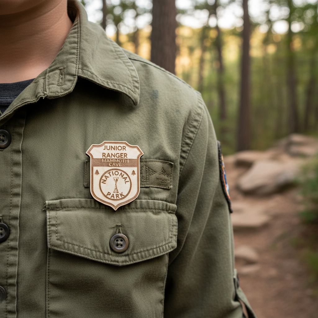 Mammoth Cave Junior Ranger Badge on Shirt of a child hiking on a wooded trail.