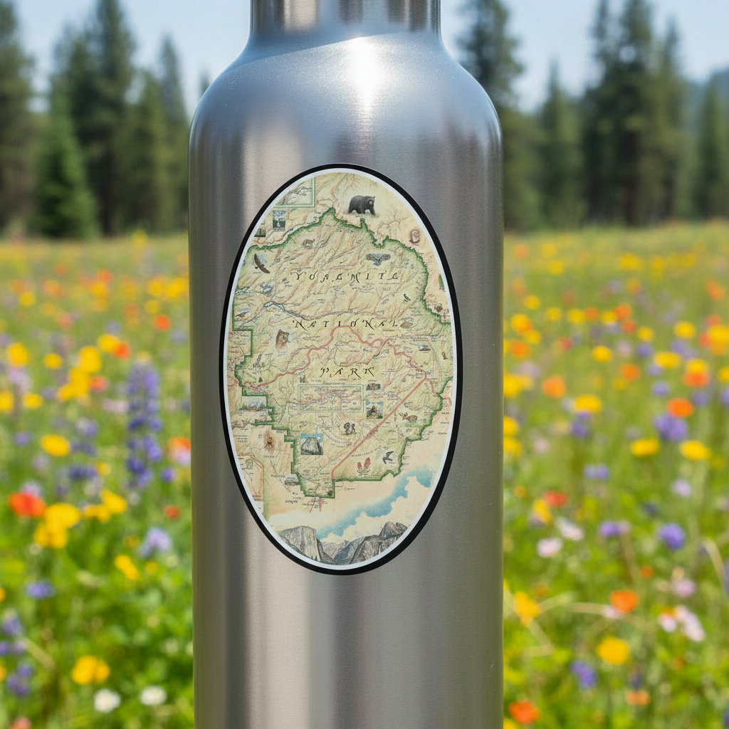 A stainless steel water bottle with an oval map sticker of Yosemite National Park , photographed outdoors against a blurred field of wildflowers and trees.