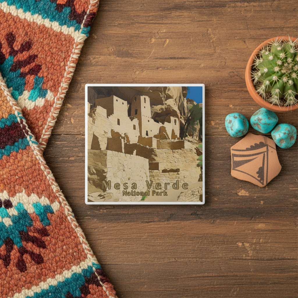 Mesa Verde, national park, ceramic coaster featuring a cliff dweller design sitting on a rustic table with southwestern decorative elements