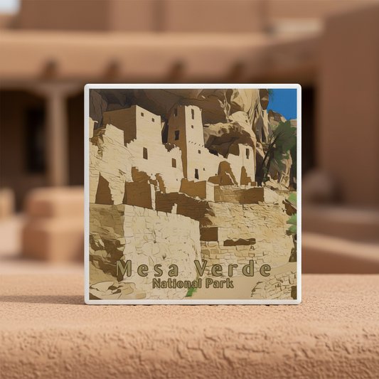 Ceramic coaster featuring a cliff dweller image standing up on a stone ledge in front of historic buildings.