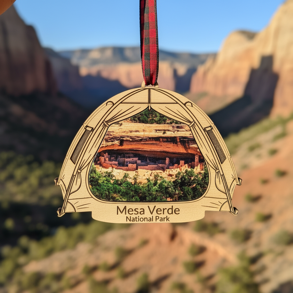 A wooden ornament shaped like a tent opening, featuring a printed photo of Mesa Verde National Park and the text 'Mesa Verde National Park' on the front, hanging by a red and black plaid ribbon against a blurred canyon landscape background.