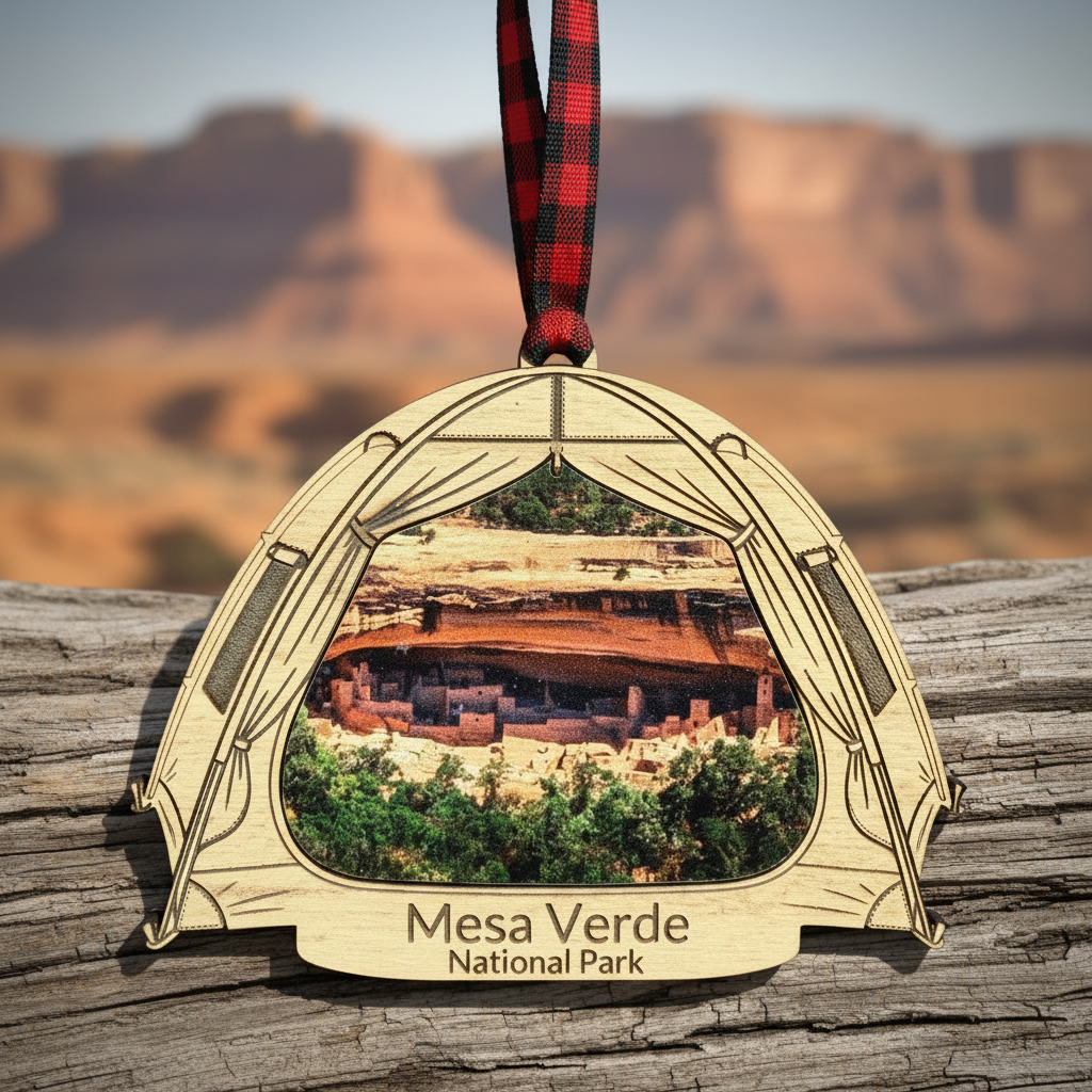 A wooden ornament shaped like a tent, featuring an inset photo of Mesa Verde National Park and a red-and-black plaid hanging ribbon, displayed on a weathered log with blurred desert mountains in the background.