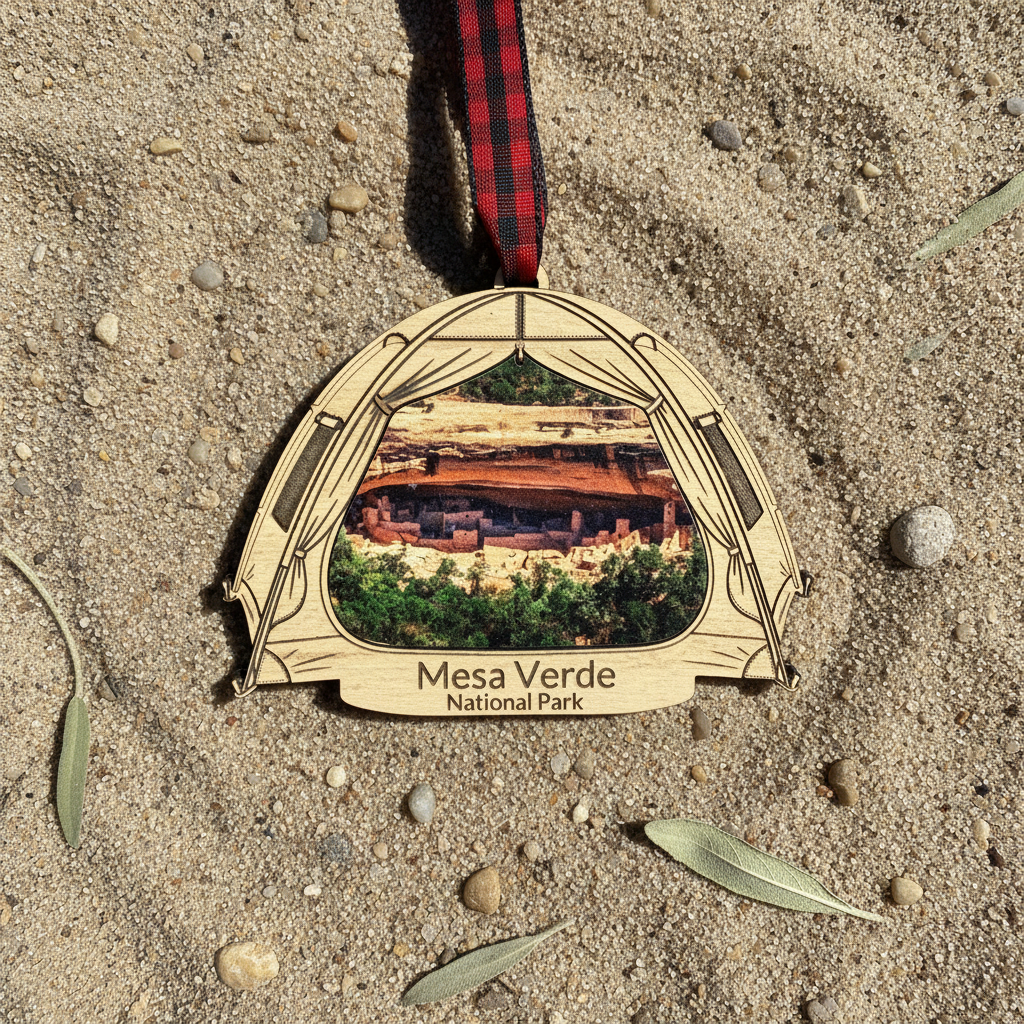 A wooden Mesa Verde National Park ornament hanging from a red and black plaid ribbon, placed on sandy ground with small leaves and stones around it.