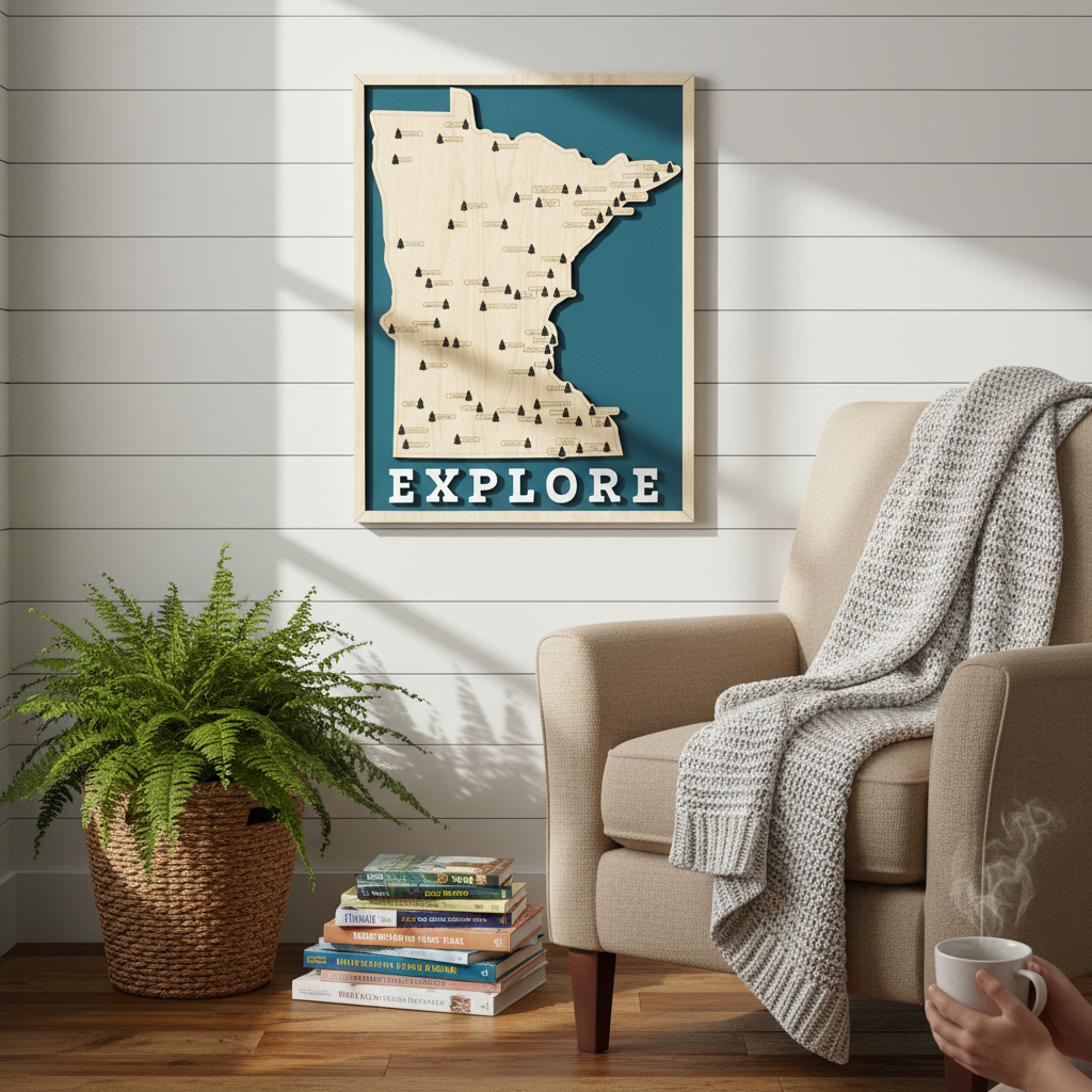 A framed wall art print showing a stylized map of Minnesota with the word 'EXPLORE' at the bottom, displayed in a cozy living room setting above a beige armchair with a knitted throw blanket, a potted fern, and a stack of books.