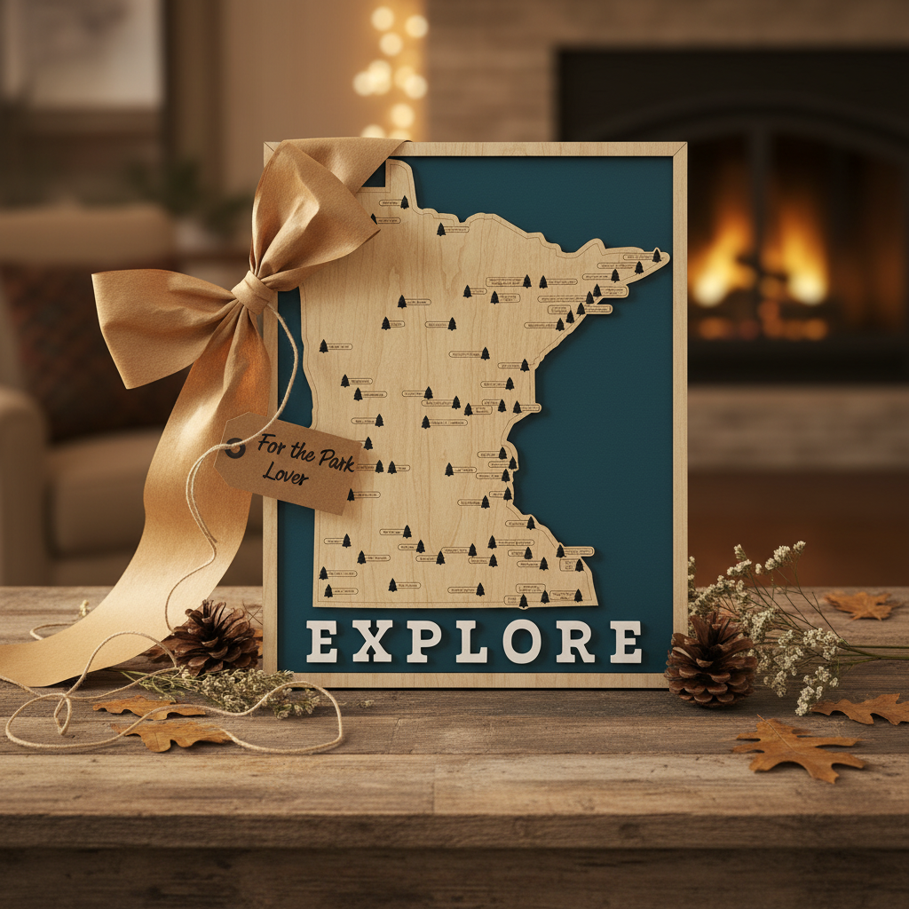 A decorative wooden sign shaped like the state of Minnesota, with a large gold ribbon bow and tag, displayed on a rustic wooden table in a cozy indoor setting with a blurred fireplace in the background.