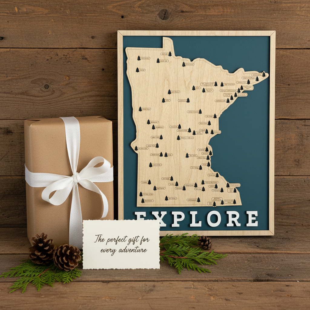 A framed wooden map of Minnesota with labeled parks and the word 'EXPLORE' at the bottom, displayed on a rustic wood background beside a wrapped gift box, pinecones, greenery, and a small card that reads 'The perfect gift for every adventure.'.
