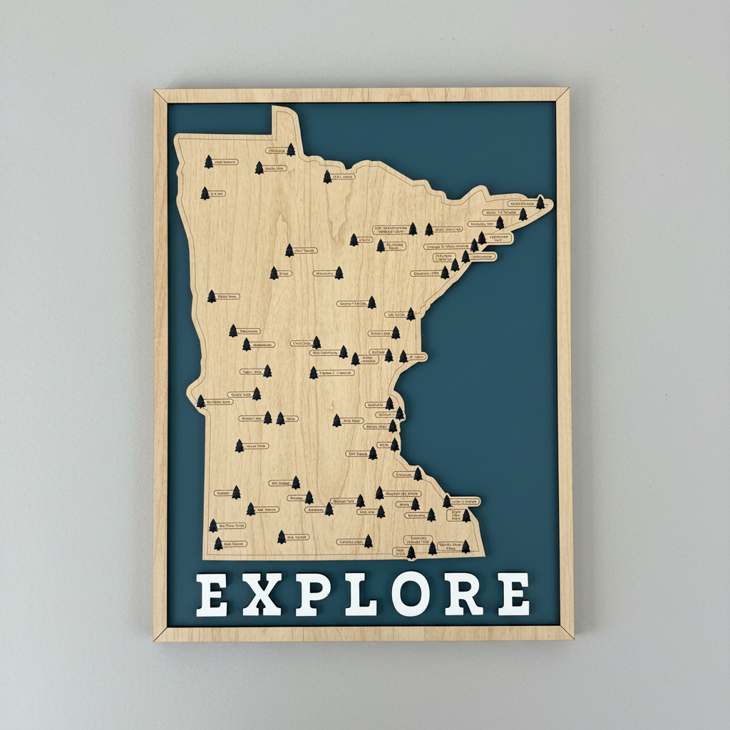 A framed wooden map of Minnesota with park names and tree icons, mounted on a dark teal background with the word 'EXPLORE' in white at the bottom, shown hanging on a light gray wall.