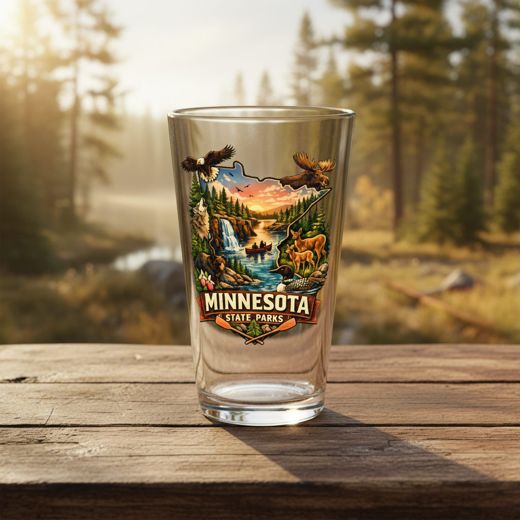 Minnesota State Parks Pint Glass on rustic surface