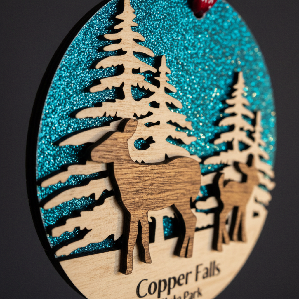 Wooden ornament with deer and trees design against a blue glittery background, featuring 'Copper Falls'.