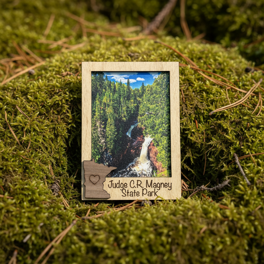 A small rectangular wooden magnet with a scenic forest waterfall print, placed on green moss outdoors. The lower left corner is engraved with a heart and the text 'Judge C.R Magney State Park