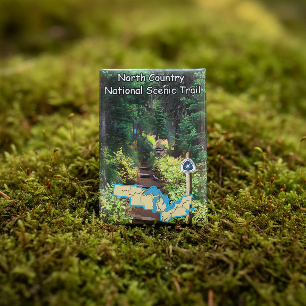 North country Trail magnet sitting on a bed of moss in the forest.