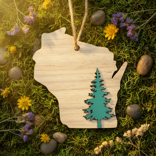 Wooden ornament shaped like a bear with a tree cutout, surrounded by moss and flowers.