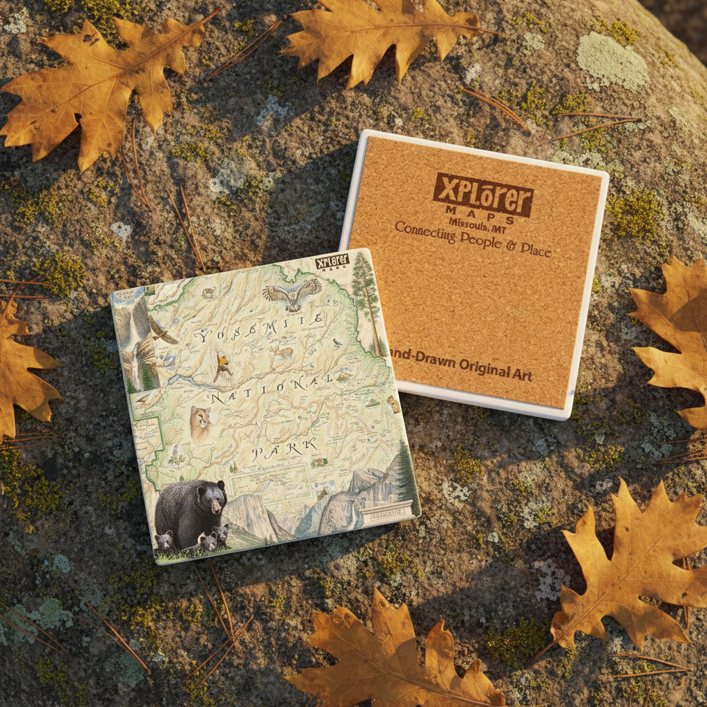 An Xplorer original illustrated coaster are displayed on a mossy rock outdoors, surrounded by fallen autumn leaves. The coaster features a vintage-style map of Yellowstone National Park with illustrations of a bear, eagle, and other wildlife.