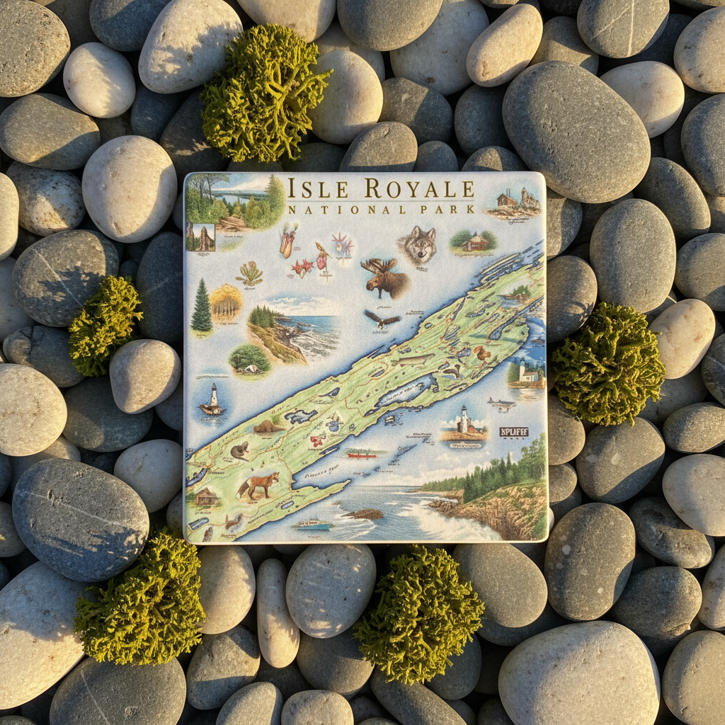 A square ceramic coaster featuring an illustrated map of Isle Royale National Park, placed on a bed of smooth gray river stones with small green moss accents.