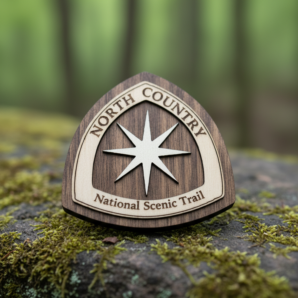 North country Trail magnet sitting on a moss covered rock.