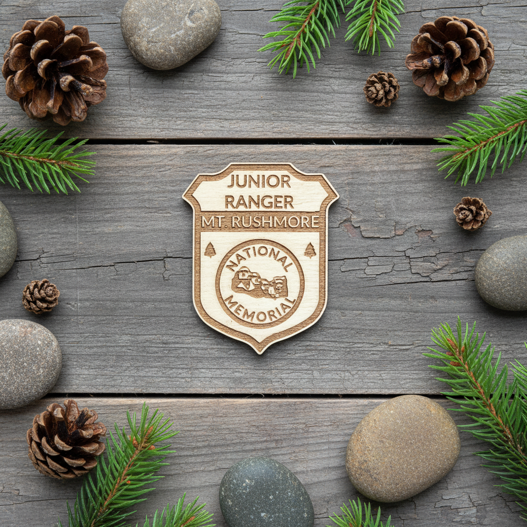 Mount Rushmore Junior Ranger badge laid against weathered wood with stones, pinecones, and evergreen bows in the background.