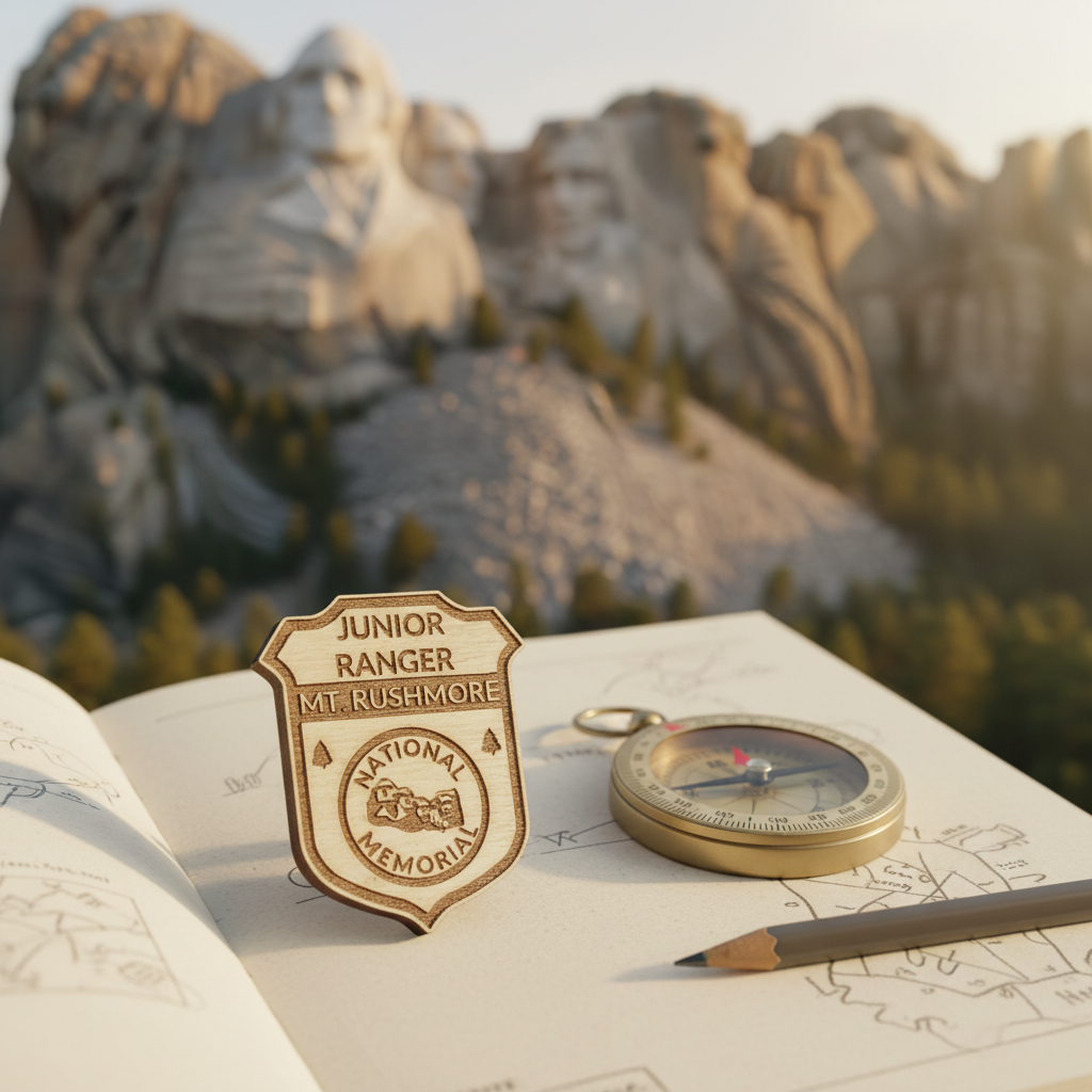 Mount Rushmore Junior Ranger badge set on a journal with a compass and pencil with Mount Rushmore in the background