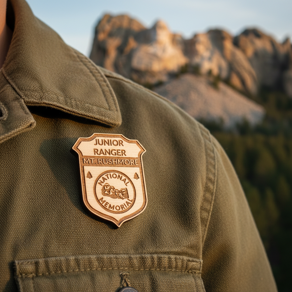Wood, junior Ranger badge pinned to an olive green jacket