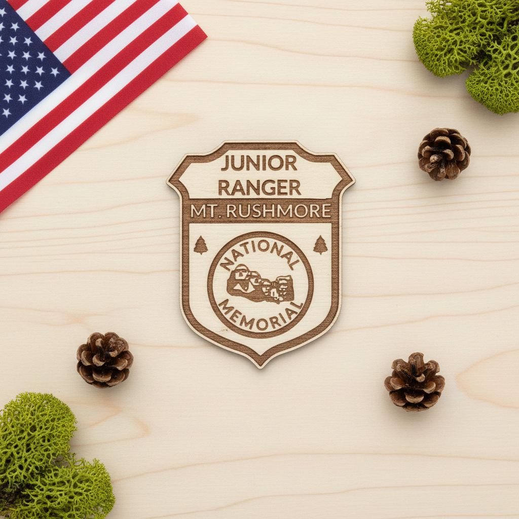 Mount Rushmore Laid against a light maple woodBackground with pinecones and moss